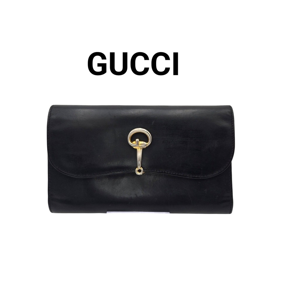 Vintage Gucci Horsebit Long Wallet Black Leather Mixed Metal Hardware Italy